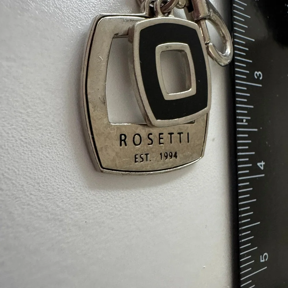 Rosetti Keychain Silver Tone Logo Square Black Enamel Modern‎ Key Ring